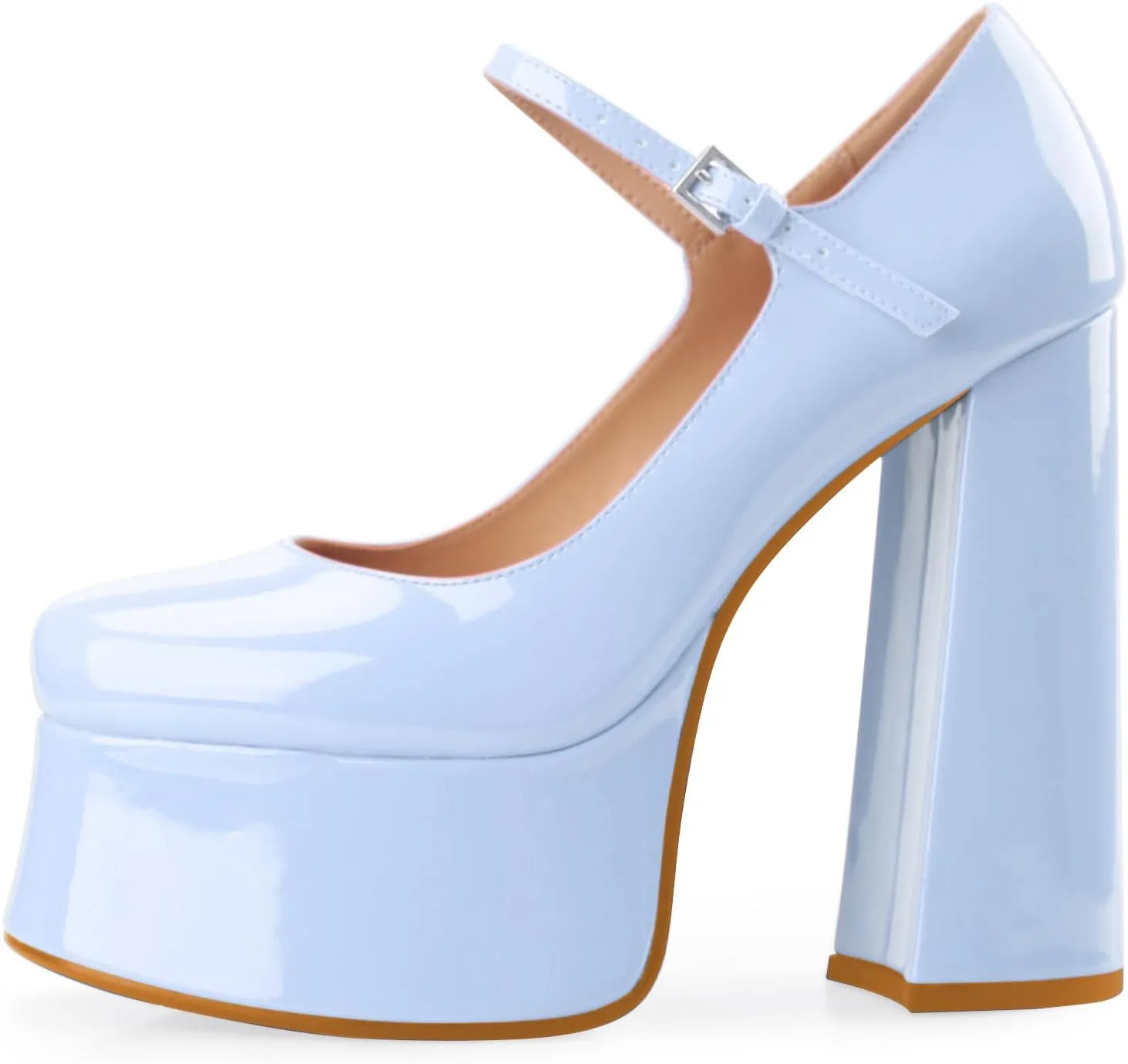 Women's Dressy Platform Chunky High Heels Patent Leather Ankle Strap Closed Toe Heeled Mary Jane Pumps Shoes