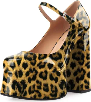 Women's Dressy Platform Chunky High Heels Patent Leather Ankle Strap Closed Toe Heeled Mary Jane Pumps Shoes