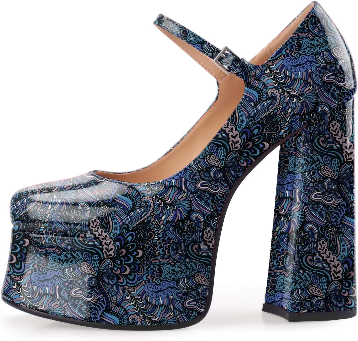 Women's Dressy Platform Chunky High Heels Patent Leather Ankle Strap Closed Toe Heeled Mary Jane Pumps Shoes