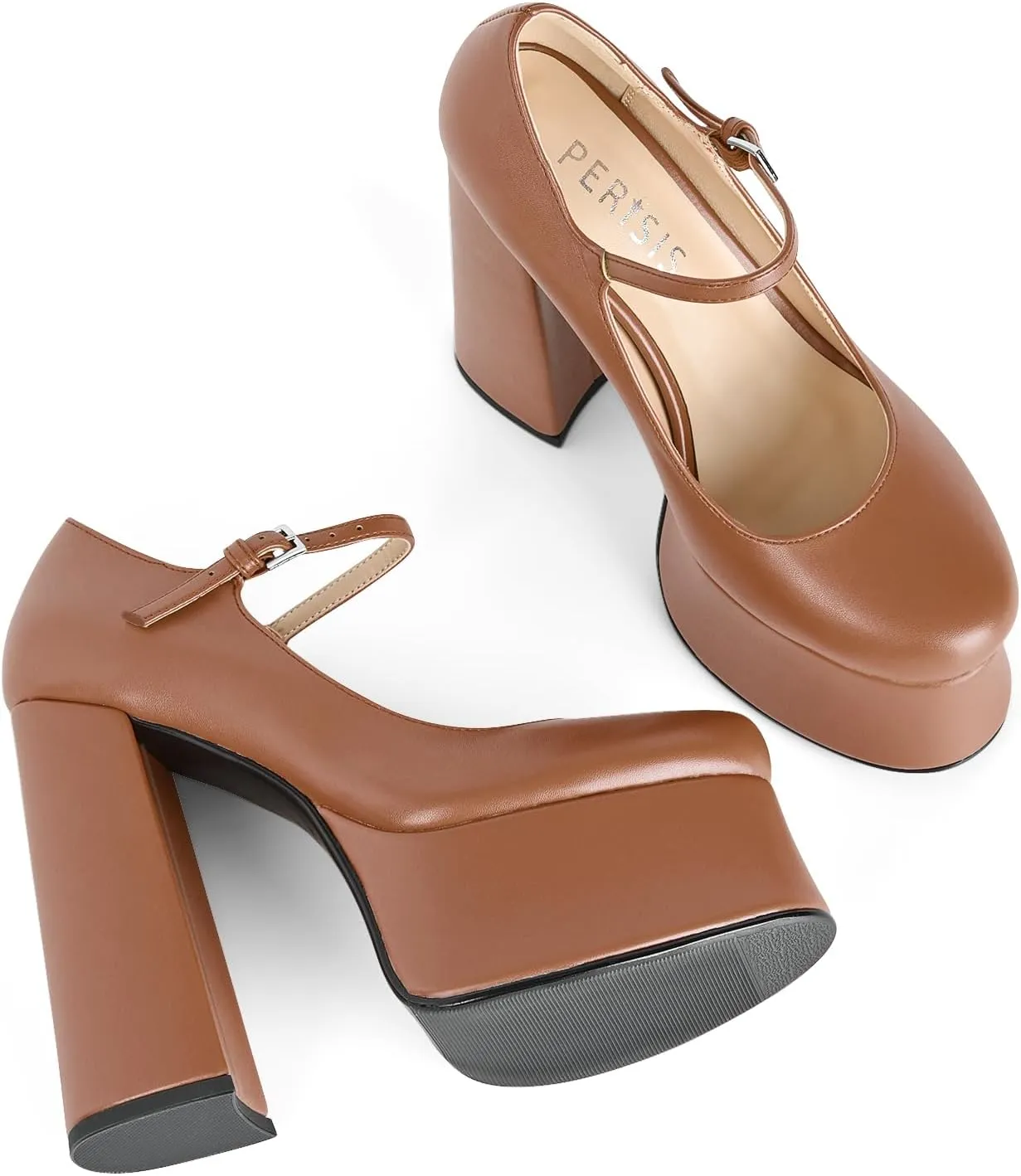 Women's Dressy Platform Chunky High Heels Patent Leather Ankle Strap Closed Toe Heeled Mary Jane Pumps Shoes