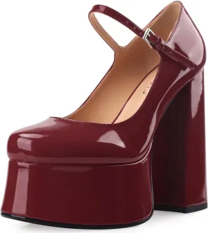 Women's Dressy Platform Chunky High Heels Patent Leather Ankle Strap Closed Toe Heeled Mary Jane Pumps Shoes