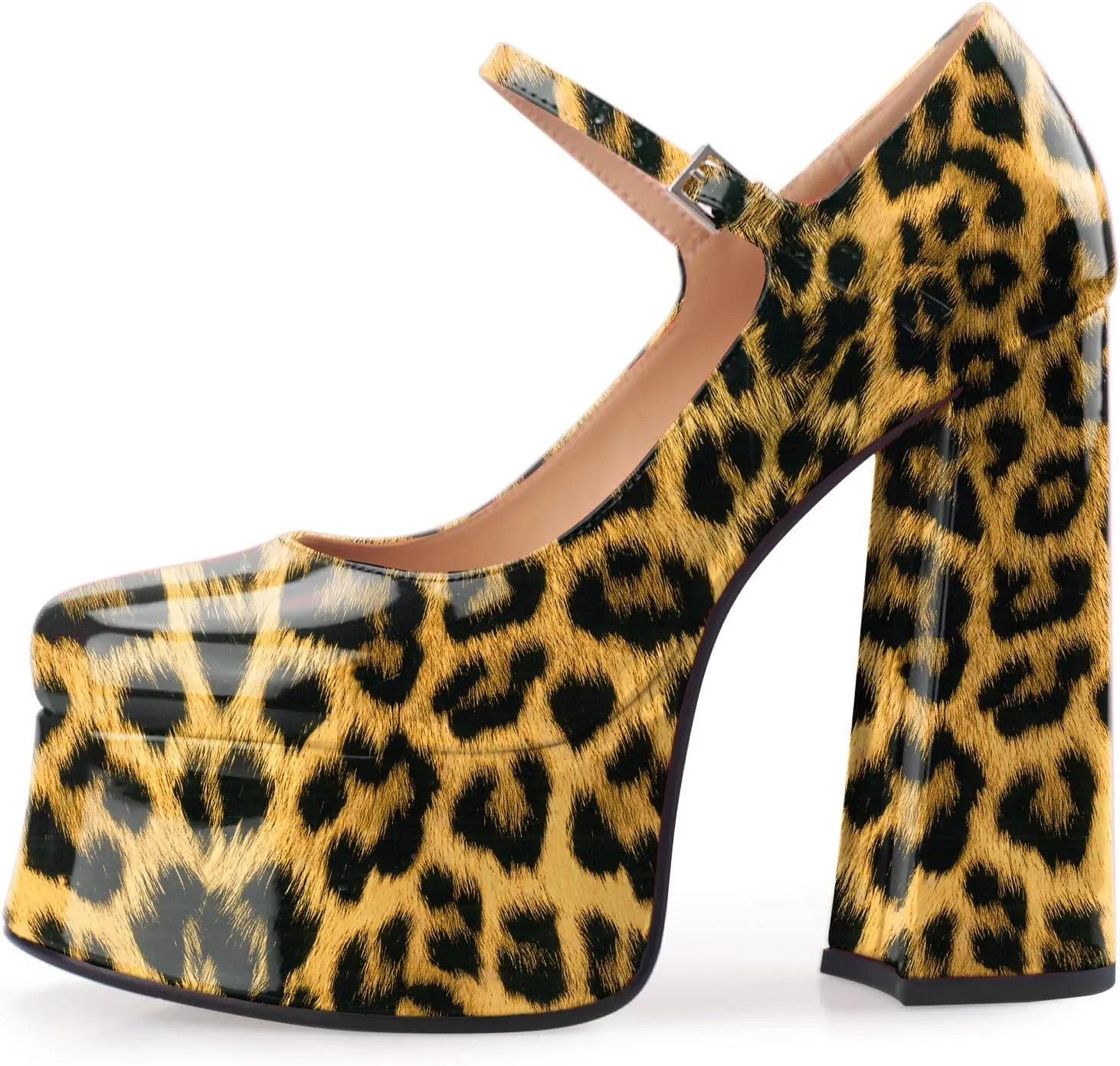 Women's Dressy Platform Chunky High Heels Patent Leather Ankle Strap Closed Toe Heeled Mary Jane Pumps Shoes