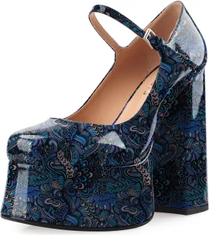 Women's Dressy Platform Chunky High Heels Patent Leather Ankle Strap Closed Toe Heeled Mary Jane Pumps Shoes