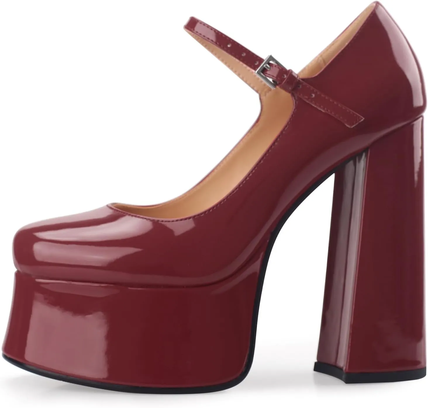 Women's Dressy Platform Chunky High Heels Patent Leather Ankle Strap Closed Toe Heeled Mary Jane Pumps Shoes