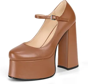 Women's Dressy Platform Chunky High Heels Patent Leather Ankle Strap Closed Toe Heeled Mary Jane Pumps Shoes