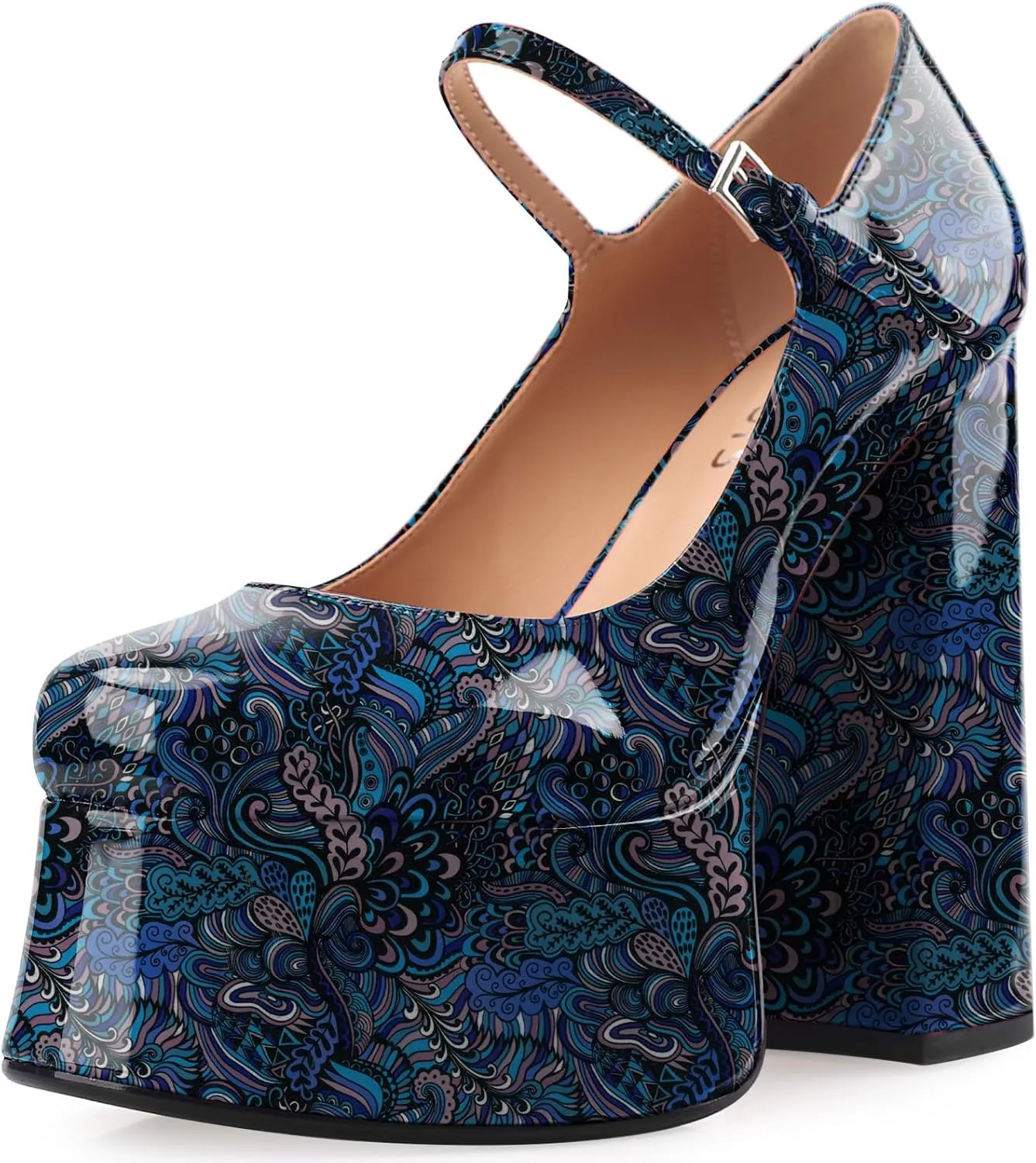 Women's Dressy Platform Chunky High Heels Patent Leather Ankle Strap Closed Toe Heeled Mary Jane Pumps Shoes