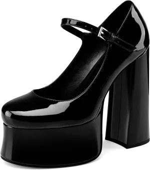 Women's Dressy Platform Chunky High Heels Patent Leather Ankle Strap Closed Toe Heeled Mary Jane Pumps Shoes
