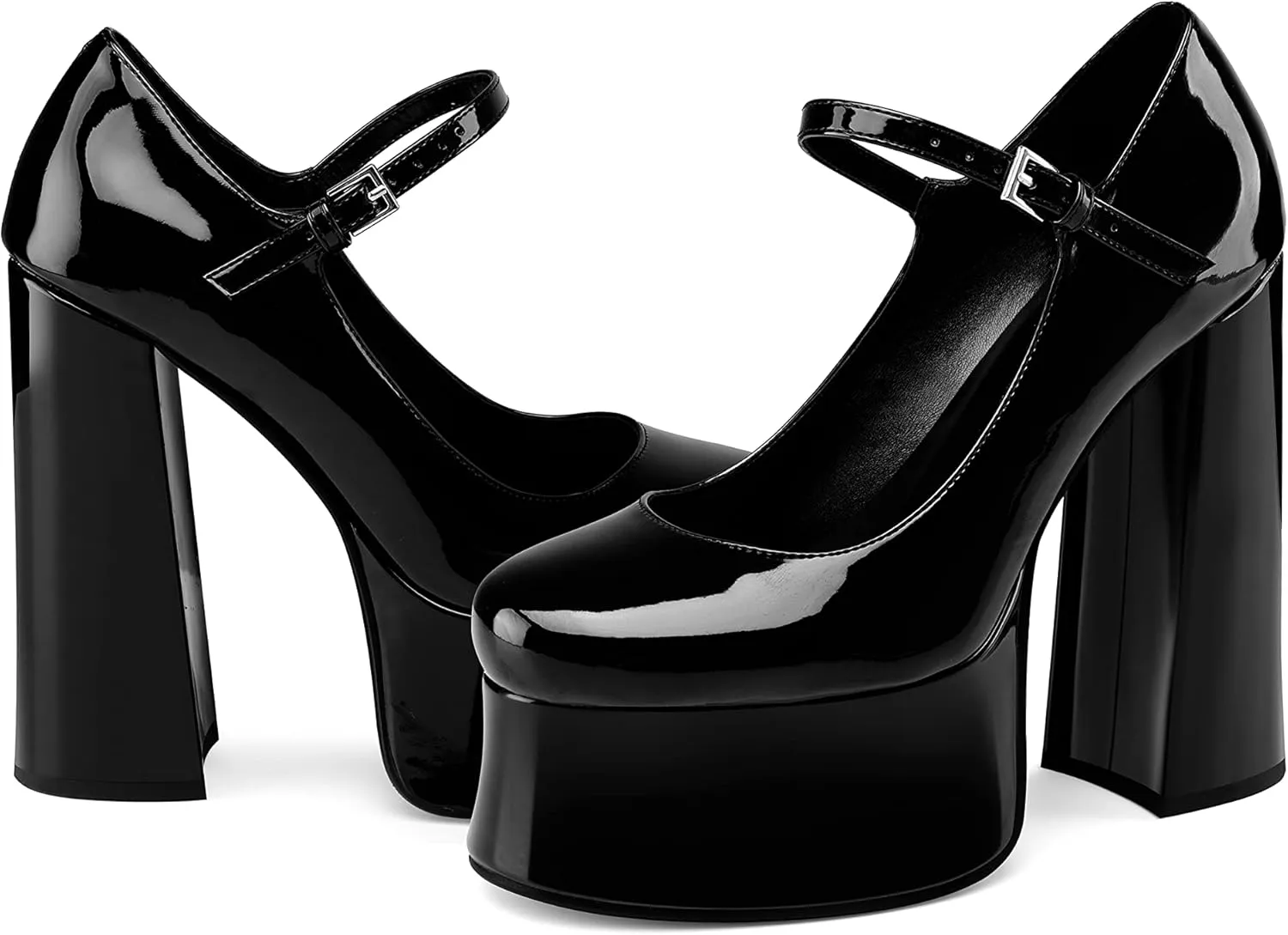 Women's Dressy Platform Chunky High Heels Patent Leather Ankle Strap Closed Toe Heeled Mary Jane Pumps Shoes