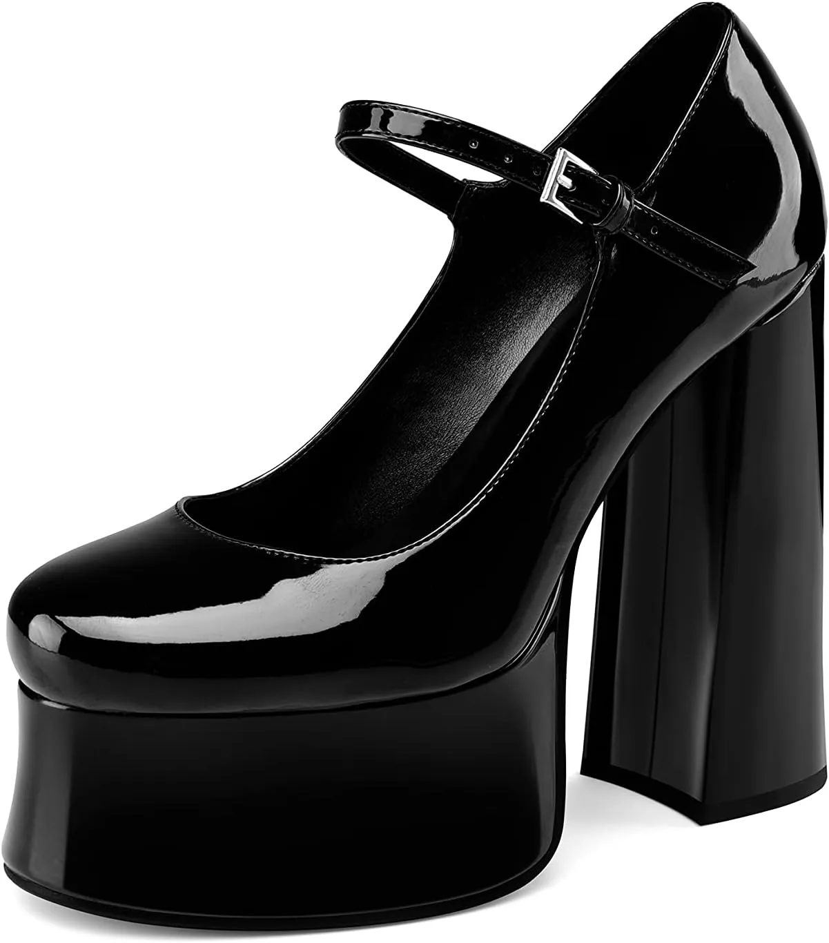 Women's Dressy Platform Chunky High Heels Patent Leather Ankle Strap Closed Toe Heeled Mary Jane Pumps Shoes