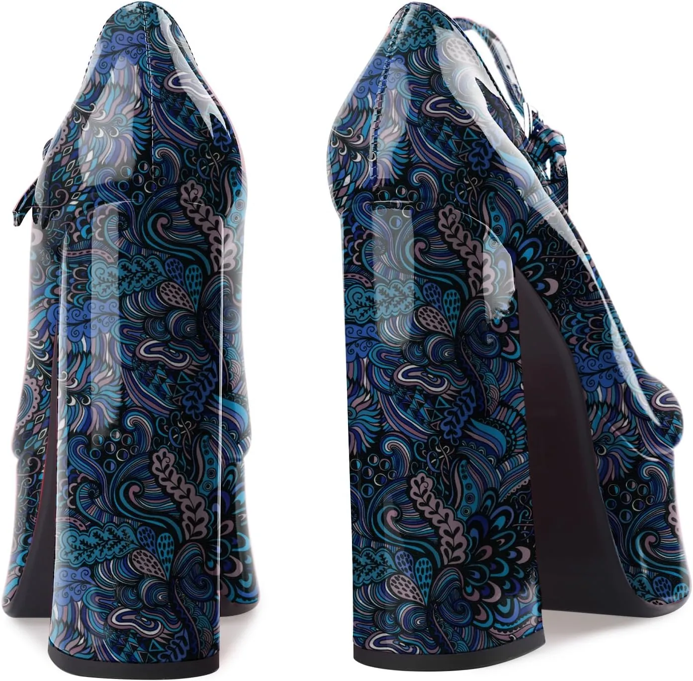 Women's Dressy Platform Chunky High Heels Patent Leather Ankle Strap Closed Toe Heeled Mary Jane Pumps Shoes